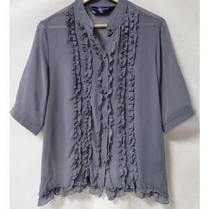 normakamali Norma Kamali Ruffle Front Blouse Grey Solid Woven 3/4 Sleeve Size L